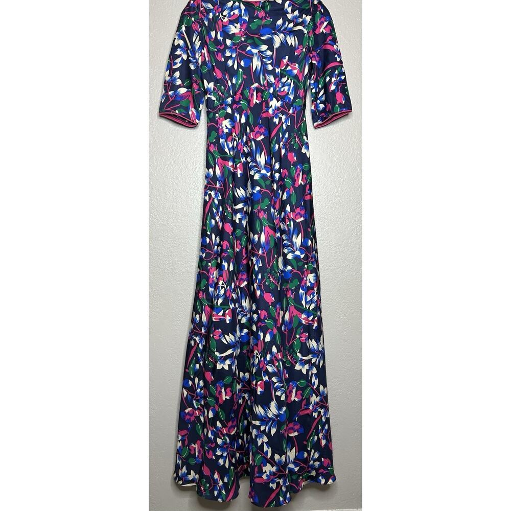 Libelula Silk Maxi‎ Dress Tropical Print Navy Pink Short Sleeve Formal Size US 8